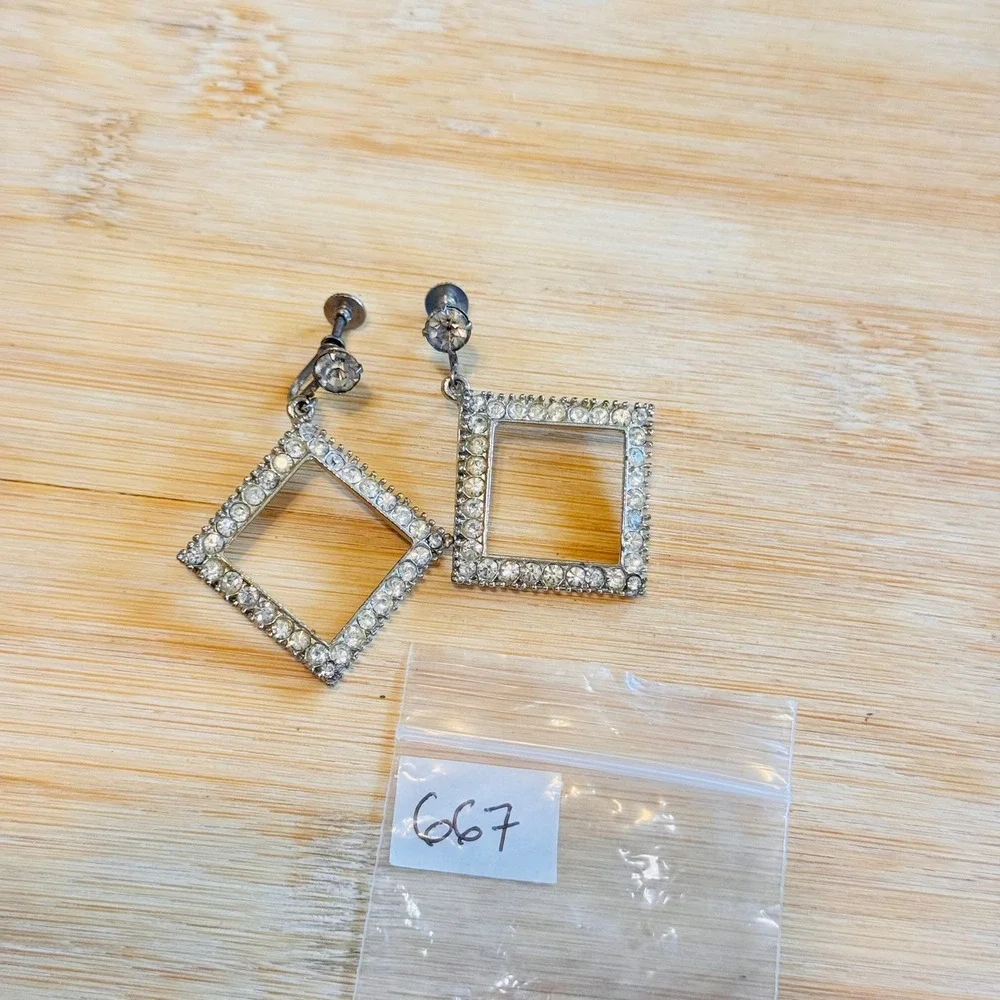 VTG Art Deco Screw‎ back Rhinestone Earrings Statement Dangle Silver Tone Rare